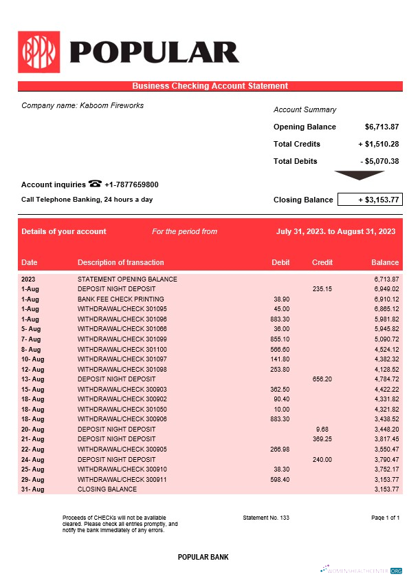 Download Popular Bank firm account statement Word and PDF template Photoshop template